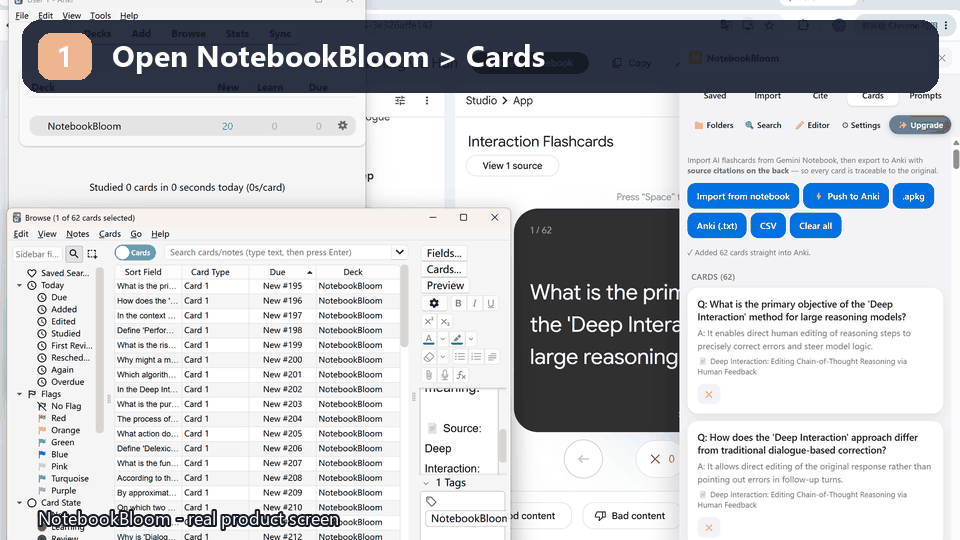 NotebookBloom sending NotebookLM flashcards with sources into Anki