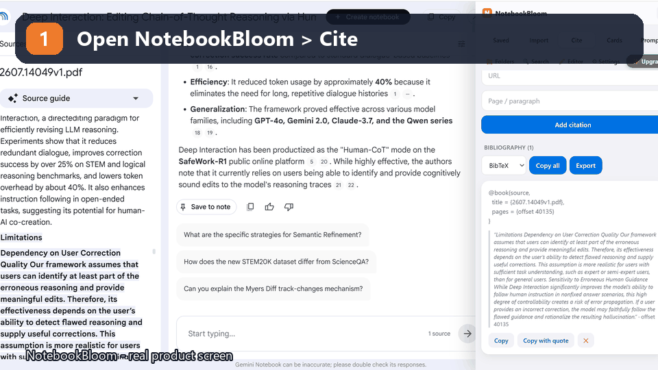 NotebookBloom generating formatted citations and BibTeX inside NotebookLM