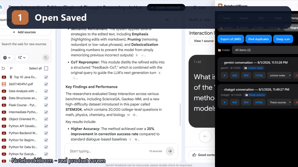 NotebookBloom folders, tags and saved items for organizing NotebookLM