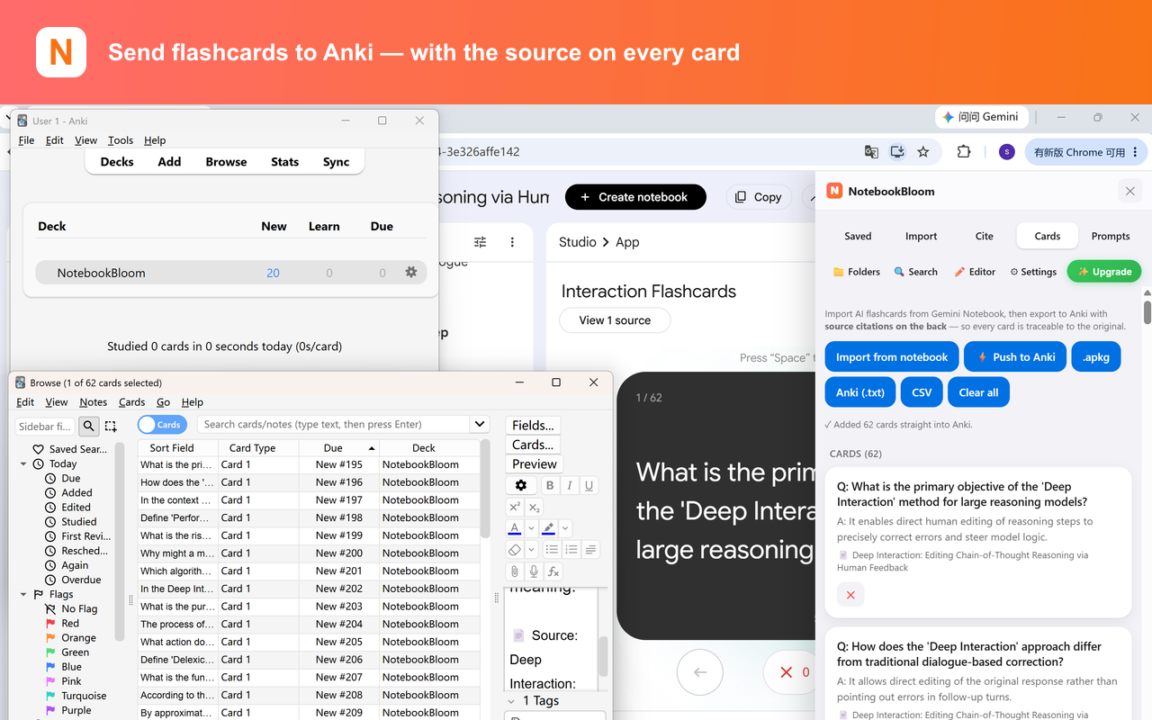 NotebookBloom sending NotebookLM flashcards to Anki with the source on every card