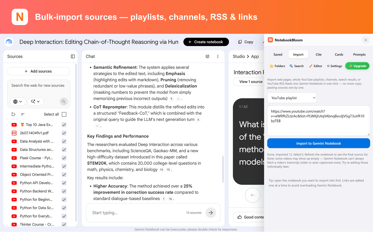 NotebookBloom bulk-importing YouTube playlists, channels, RSS feeds and links into NotebookLM