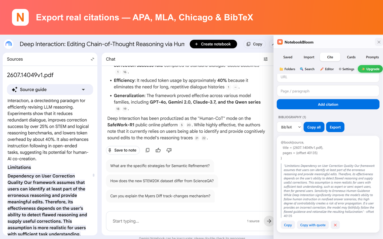 NotebookBloom exporting NotebookLM citations to APA, MLA, Chicago and BibTeX inside the notebook