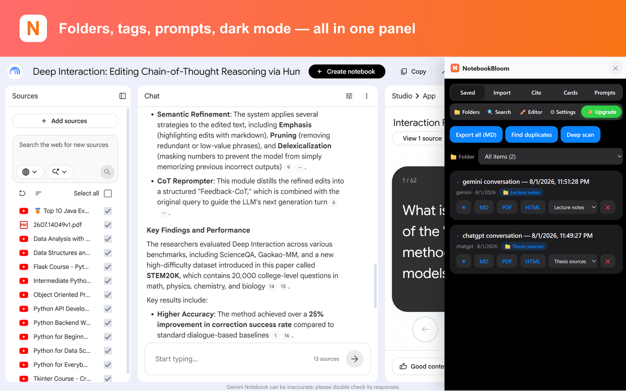 Organize NotebookLM notebooks with folders and tags in the NotebookBloom panel