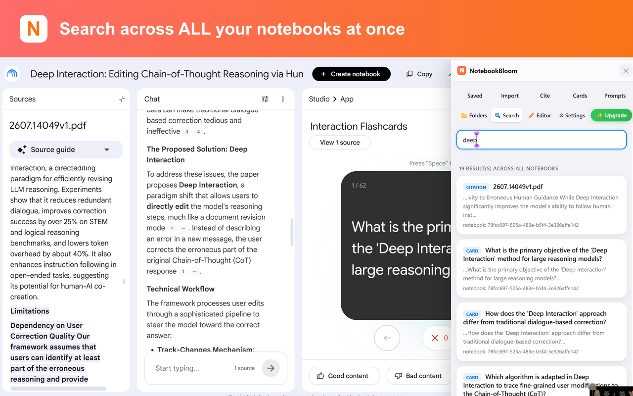 NotebookBloom searching across all NotebookLM notebooks at once from one box